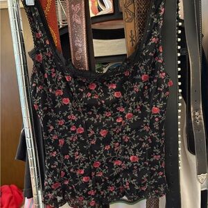 90s le chateau Black Tank Corset styleTop with Pink Floral Print